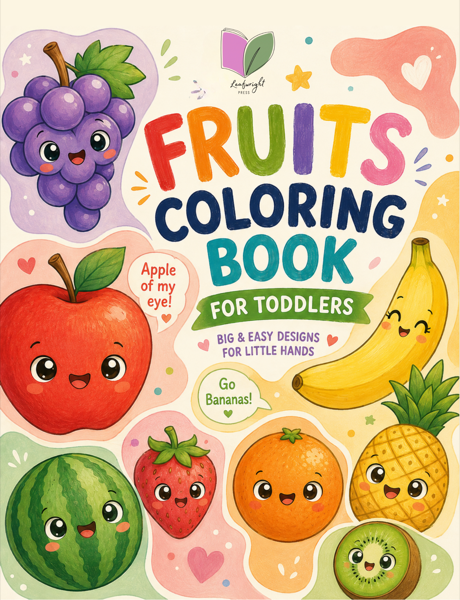 Cover of Fruits Coloring Book For Toddlers, showing smiling grapes, an apple, a banana, a watermelon, a strawberry, an orange, a pineapple and a kiwi.